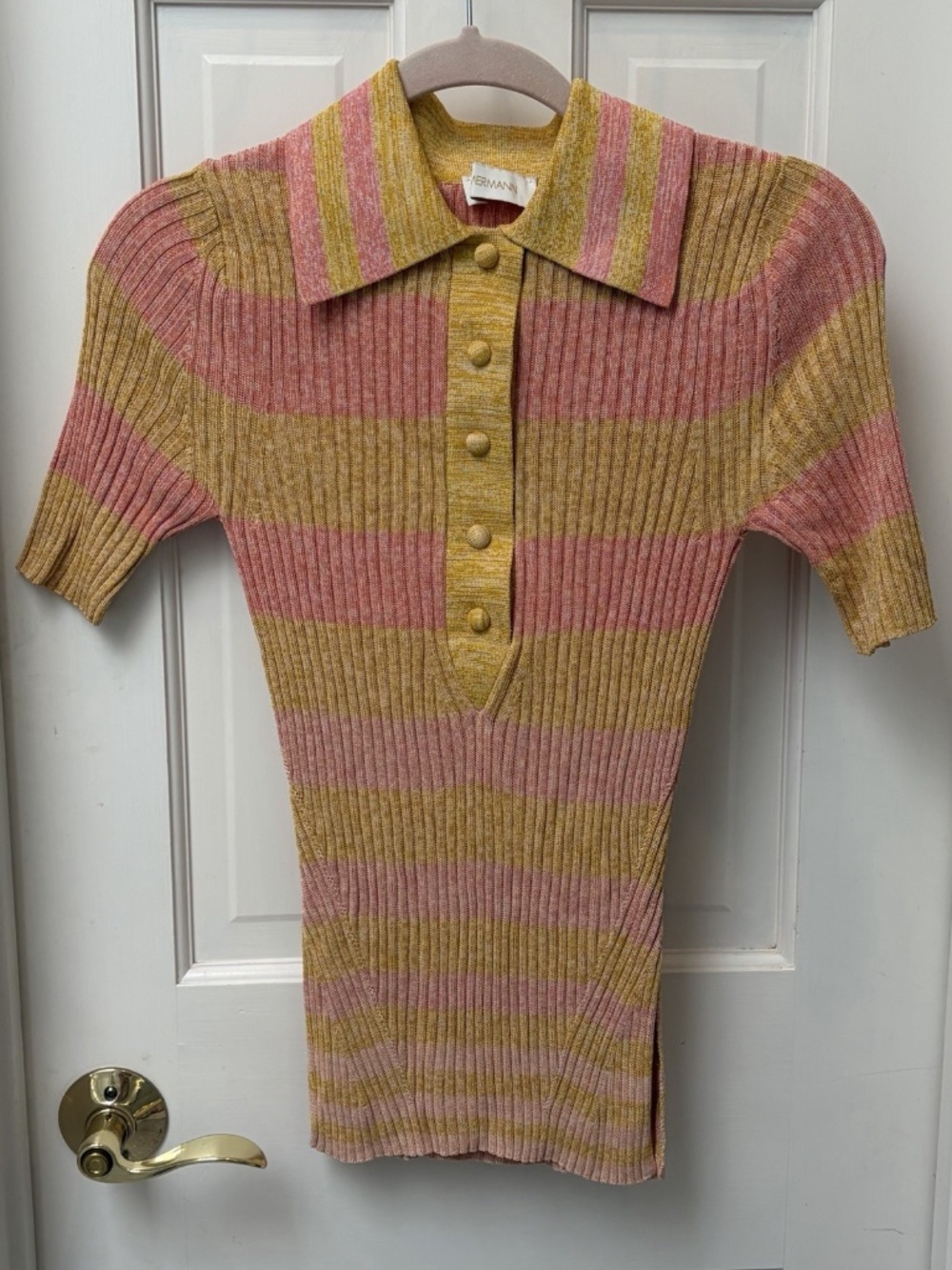 Zimmermann Pink Yellow Striped Rib-Knit Collared Button Short Sleeve Sweat